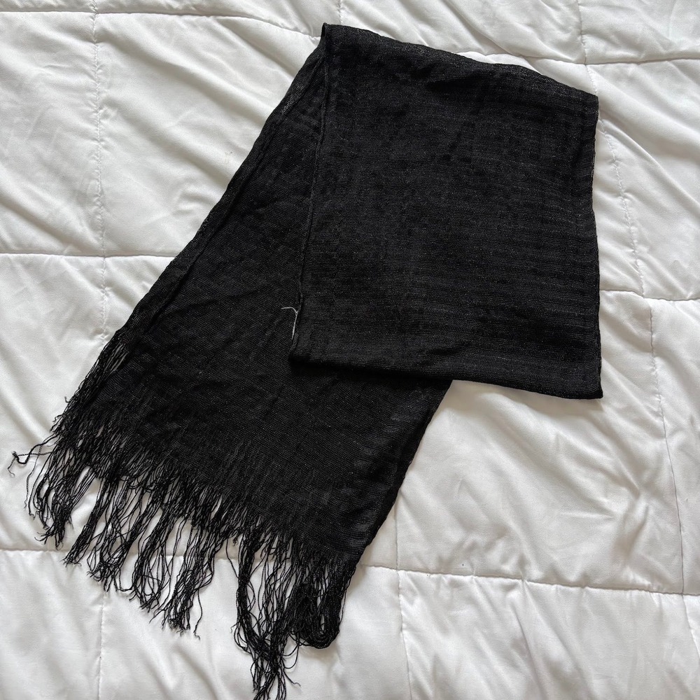 Black Mesh Fringe Scarf Lightweight Semi Sheer Wrap Evening Shawl Wedding Goth